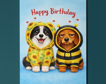Border Collie Dachshund Dogs: One Bloom One Buzz Happy Birthday Card Funny Animal Premium Greeting Card Envelope Personalised cute animal