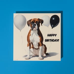 Handgemaakte expressieve bokser omringd door ballonnen - Happy Birthday Card Funny Animal Card Animal Lovers Premium wenskaart en envelop