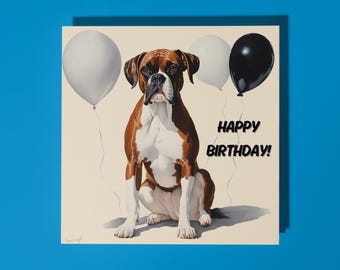 Handmade Expressive Boxer dog surrounded by balloons - Happy Birthday Card Funny Animal Card Animal Lovers Premium Greeting Card & Envelope