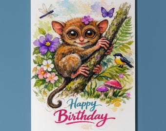 Animal Hugs Series Tarsier: Spreading joy and magic Happy Birthday Card Premium Greeting Card Envelope Personalised jungle big eyes cute