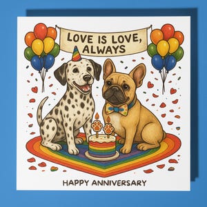 Bulldog francese dalmata - LGBTQ+ - Biglietto di auguri per il buon anniversario con animale divertente - Biglietto di auguri premium e busta - Biglietto di auguri personalizzato per cani - Coppia