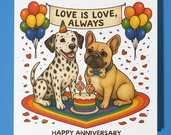 Dalmatian French Bulldog - LGBTQ+ - Happy Anniversary Card  Funny Animal - Premium Greeting Card & Envelope - Personalised Dog card - Couple