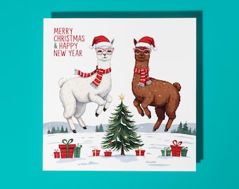 Handmade dancing alpacas with glasses Merry Christmas & New Year Card  Premium Greeting Card White Envelope Merry Christmas and New Year