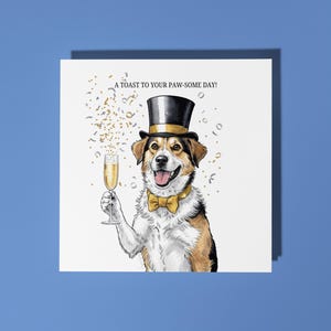 Fatto a mano Bel cane con un bicchiere di champagne Biglietto di auguri di buon compleanno Biglietto di auguri di animali divertenti Amanti degli animali Biglietto di auguri premium Busta bianca