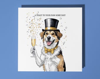 Handmade Handsome dog with a glass of champagne Happy Birthday Card Funny Animal Card Animal Lovers Premium Greeting Card White Envelope