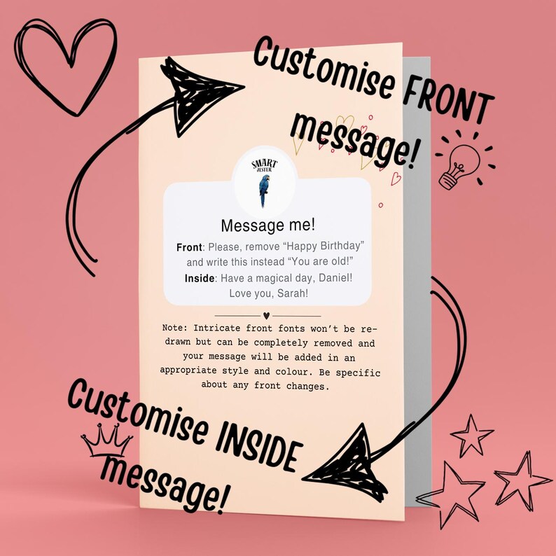 Puede incluir: Una tarjeta de felicitaci&oacute;n personalizable con el texto "Customise FRONT message!" y "Customise INSIDE message!". La tarjeta tiene una burbuja de mensaje con instrucciones para reemplazar "Happy Birthday" por "You are old!". Tambi&eacute;n se ven un coraz&oacute;n y estrellas.