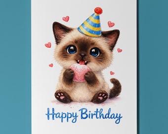 Siamese Cat Birthday Card Personalised Kawaii Mochi Cute Kitten Gift