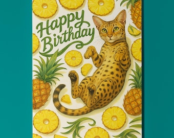 Fine-apple Savannah Cat - Fruity Friends Collection Birthday Card - Funny Animals - Premium Greeting Card Envelope - Personalised - Friends
