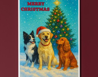 Three Dogs One Christmas Tree - Santa’s Helpers Collection - Christmas Card - Funny Dog Breeds Premium Greeting Card Envelope Personalised