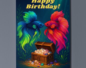 Rainbow Fish Parade Collection - Betta Fish Tropical Fish - Happy Birthday Card - Premium Greeting Card & Envelope - Personalised card