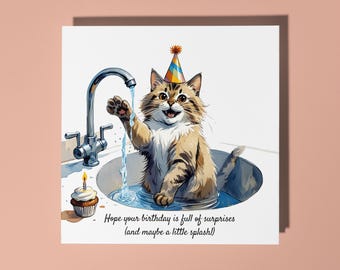 Handmade Cute cat playing with water full of surprises Happy Birthday Card Funny Animal Card Animal Lovers Premium Greeting Card & Envelope
