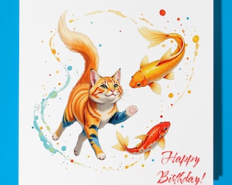 Cat Swim with Koi Fish Happy Birthday Card - Funny Animal - Premium Greeting Card Envelope - Personalised Cat card - sister daughter friend
