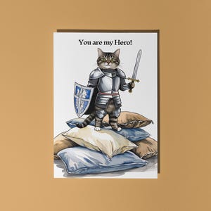 Handgemachter, süßer Katzenritter You are my Hero! Karte Lustige Tierkarte Tierliebhaber Premium Grußkarte Umschlag