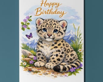 Wild Cats Party Collection Snow Leopard Cub: Alpine Air Happy Birthday Card Funny Animal Premium Greeting Card Envelope Personalised card
