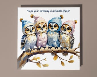 Handmade Cute little owls in hats - bundle of joy!  Happy Birthday Card Funny Animal Card Animal Lovers Premium Greeting Card & Envelope