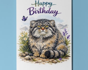 Wild Cats Party Pallas Cat: Fluffy Mountain Hugs Happy Birthday Card Premium quality Greeting Card and Envelope Personalised Exotic Cat