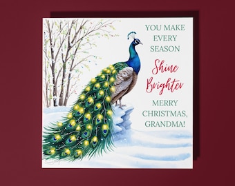 Handmade Beautiful Peacock Merry Christmas Grandma Card Funny Animal Card for Animal Lovers Premium Greeting Card With White Envelope