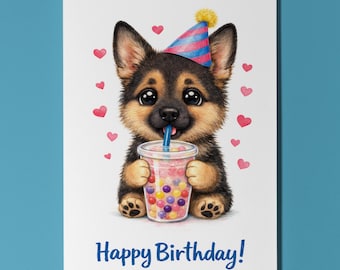 German Shepherd Dog Boba Bubble Tea Birthday Card, Kawaii Cute Personalised Dog Lover Gift