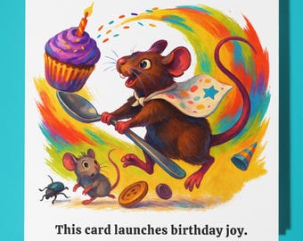 Rat with cupcake - This card launches birthday joy Happy Birthday Card - Premium Greeting Card & Envelope - Personalised funny card - Friend