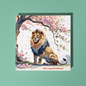 Fleurs de cerisier lion faites à la main Passez un anniversaire majestueux ! Carte de joyeux anniversaire Carte d'animal amusante Carte de voeux et enveloppe premium pour amoureux des animaux