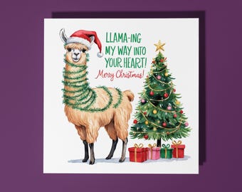 Handmade Little Llama with Christmas gifts Merry Christmas Card  Funny Animal-Themed Holiday Card  Premium Greeting Card with White Envelope