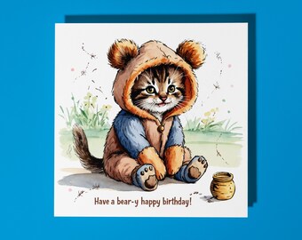 Handmade Kitten in a bear costume Have a Bear-y Happy Birthday Card Funny Animal Card Animal Lovers Premium Greeting Card Envelope