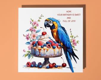 Handmade Cute macaw parrot on cake sweet and full of joy Happy Birthday Card Funny Animal Card Animal Lovers Premium Greeting Card Envelope