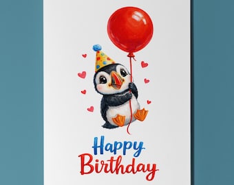 Biglietto d'auguri con palloncino a forma di pulcinella di mare, pulcinella di mare in volo, simpatico regalo personalizzato per gli amanti degli uccelli