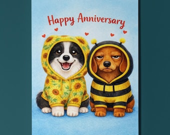 Border Collie Dachshund Dogs Bee Loves Flower Happy Anniversary Card Funny Animal Premium Greeting Card Envelope Personalised cute animal
