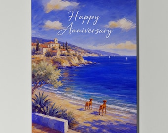 Personalised Vizsla Anniversary Card, Romantic Dog Couple on the Beach