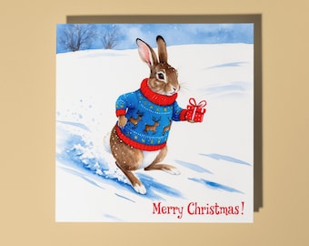 Handmade  Rabbit  Bunny running with present Merry Christmas Card Funny Animal Card for Animal Lovers Premium Greeting Card White Envelope