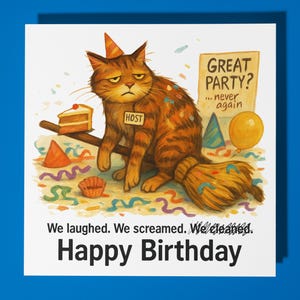 Fine Art Funnies Collection - Host Cat - Happy Birthday Cat -  Happy Birthday Card - Premium Greeting Card and  Envelope - Personalised card