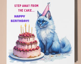 Fluffy Birman cat Happy Birthday Card - Funny Animal - Premium Greeting Card & Envelope - Personalised Cat card - grandson daughter son mum