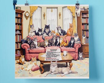 Elegant 21 cats in a room Pet Portrait Wall Art Print, Perfect Gift for Pet Lovers, 295mm x 295mm, 300GSM Matte Paper, Unframed