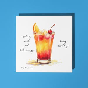 Handgemaakte Tequila Sunrise-cocktail - Levendig, soepel en vol energie - Happy Birthday Card Premium-wenskaart en envelop