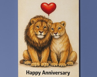 Animal Hugs Collection Lion Love Anniversary Happy Anniversary Card - Premium Greeting Card Envelope - Personalised funny - Couples Spouses