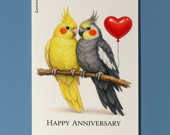 Animal Hugs Series Cockatiels: Cheerful hearts Happy Anniversary Card  Premium Greeting Card Envelope Personalised Couples Husband Spouses