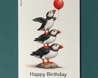 Our Animal Hugs series Puffins: High on happiness Happy Birthday Card  Premium Greeting Card and Envelope - Personalised - Friends Family