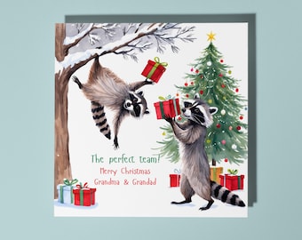 Handmade Сute raccoons Merry Christmas Grandad and Grandma Card | Animal Card for Animal Lovers Premium Greeting Card with White Envelope