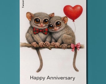 Tarsier Personalised Anniversary Card, Cute Animal Couple Card, Heart Balloon Gift