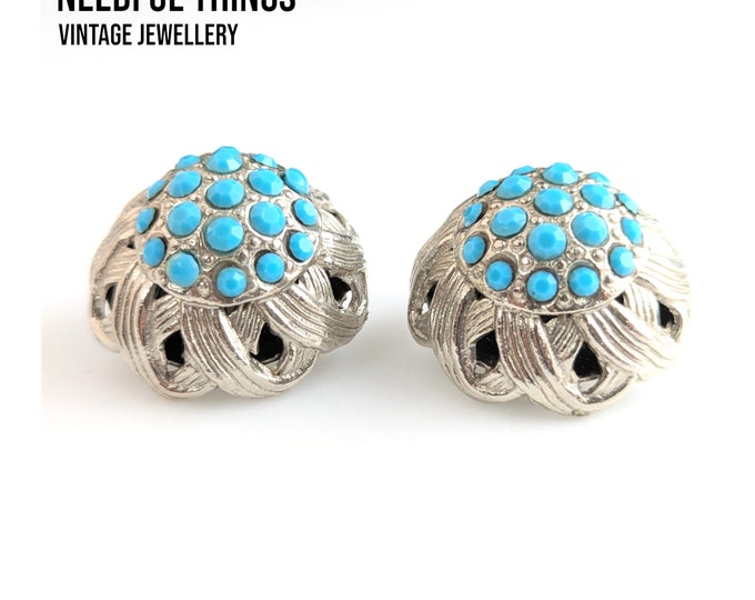 Lovely Vintage Jewellery faux turquoise Rhinestone Clip-on Earrings