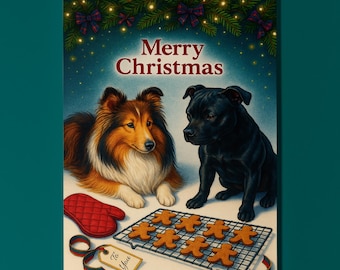 Shetland & Staffordshire Bull Terrier Dogs - Santa’s Helpers - Christmas Card - Funny Dogs - Premium Greeting Card Envelope - Personalised