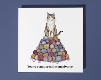 Handmade Cat sits on the yarn You've conquered the yarniverse! Card Funny Animal Card Animal Lovers Premium Greeting Card With Envelope Love