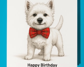 West Highland White Terrier -  Red bow -Happy Birthday Card - Premium Greeting Card & Envelope - Personalised funny dog card - Friend Family