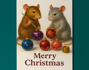 Two rats Making Christmas Shine - Merry Christmas Card - Funny animals - Premium Greeting Card and Envelope - Personalised - Friends Family