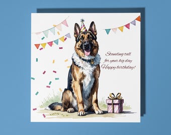 Handmade Cute German Shepherd breed With Present  Happy Birthday Card Funny Animal Card Animal Lovers Premium Greeting Card and Envelope