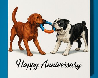 Red Labrador and English Bulldog Happy Anniversary Card - Funny Animal - Premium Greeting Card and Envelope - Personalised dog card - Couple