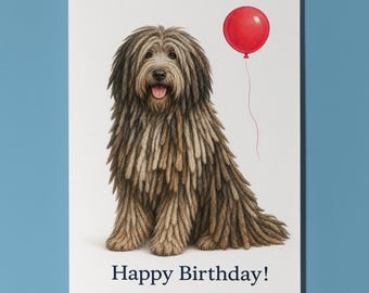 Bergamasco Sheepdog Personalised Birthday Card, Red Balloon Dog Card