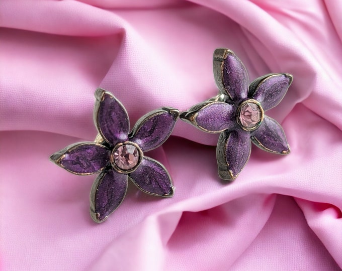 Lovely Vintage Jewellery Faux  Pink Sapphire Stud Purple Enamel Flower Earrings