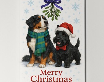 Bernese Mountain Dog Under the Mistletoe - Scottish Terrier Christmas Card - Funny Dog Premium Greeting Card & Envelope - Personalised card